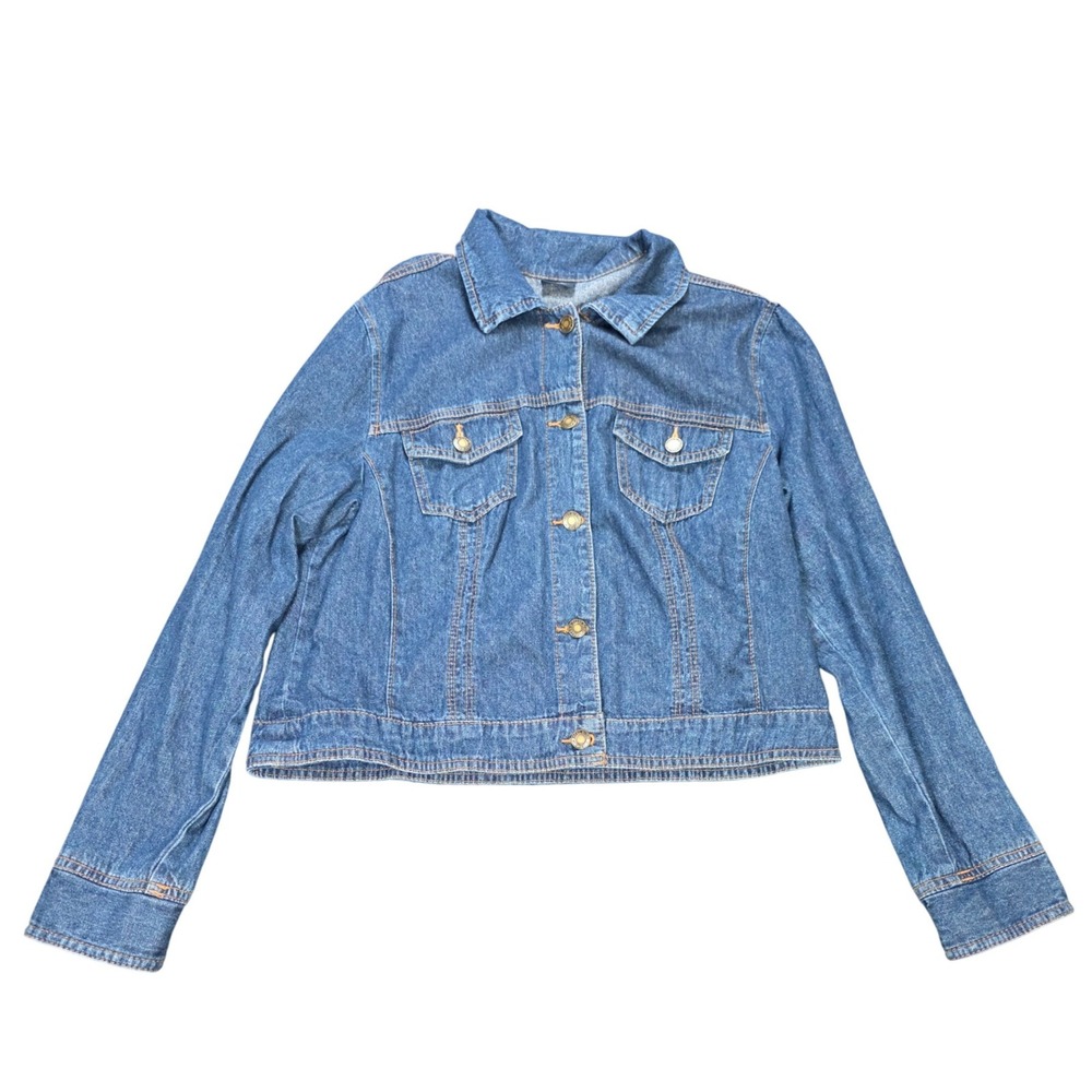 Faded Glory Denim Trucker Jacket‎ Women's Size L 12-14 Blue Medium Wash Cotton